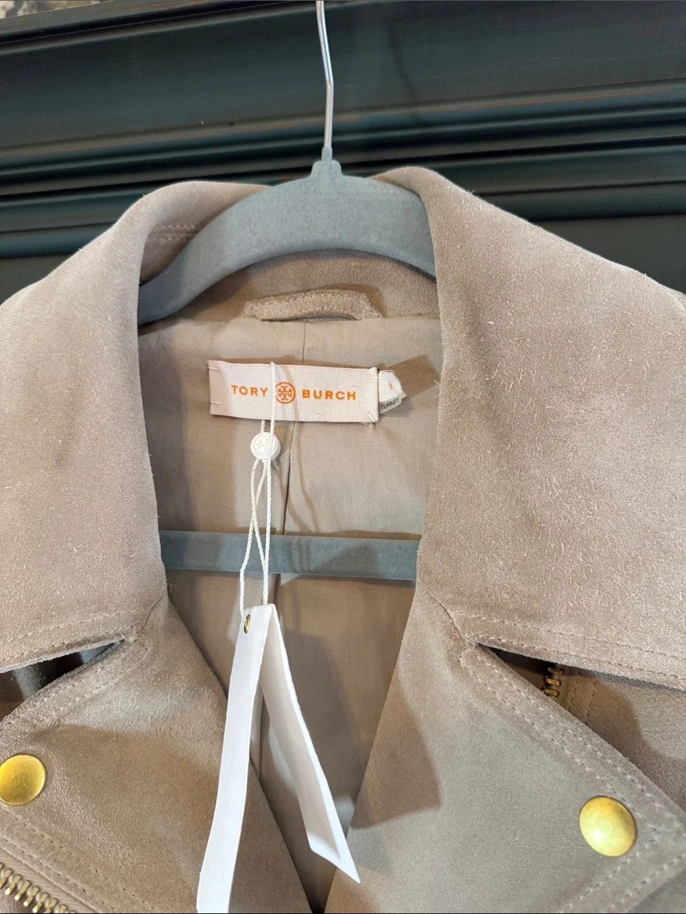 NWT Tory Burch Taupe Suede Moto Biker Jacket Brushed Gold Hardware Heavy$1K tag!